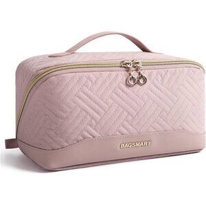 Travel Makeup Bag – Water-Resistant, Flat Open Organizer, Pink